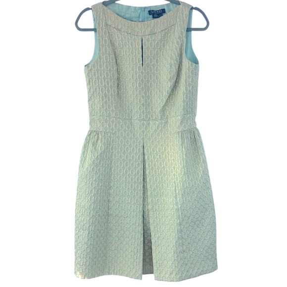 Ralph Lauren Jacquard Geometric Pleated Sleeveless Cocktail Dress Gold Blue Sz:8 - Picture 1 of 10